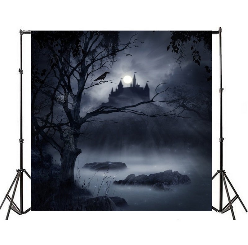Laeacco Halloween Theme Backdrop 10x10ft Moonlight Foggy Wood Creepy River Haunted Castle Photography Background Ghastly Tree Cobweb Horror Night Halloween Party Banner Trick Or Treat Decoration - Image 4